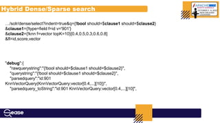 Hybrid Dense/Sparse search
…/solr/dense/select?indent=true&q={!bool should=$clause1 should=$clause2}
&clause1={!type=field f=id v='901'}
&clause2={!knn f=vector topK=10}[0.4,0.5,0.3,0.6,0.8]
&fl=id,score,vector
"debug":{
"rawquerystring":"{!bool should=$clause1 should=$clause2}",
"querystring":"{!bool should=$clause1 should=$clause2}",
"parsedquery":"id:901
KnnVectorQuery(KnnVectorQuery:vector[0.4,...][10])",
"parsedquery_toString":"id:901 KnnVectorQuery:vector[0.4,...][10]",
 