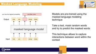 Masked Language Modeling
Models are pre-trained using the
masked language modeling
technique
Take a test, mask random words
and try to predict the masked words
This technique allows to capture
interactions between word within the
context
 