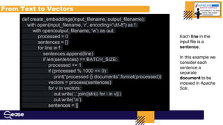 def create_embeddings(input_filename, output_filename):
with open(input_filename, ‘r’, encoding=“utf-8") as f:
with open(output_filename, ‘w’) as out:
processed = 0
sentences = []
for line in f:
sentences.append(line)
if len(sentences) == BATCH_SIZE:
processed += 1
if (processed % 1000 == 0):
print(“processed {} documents”.format(processed))
vectors = process(sentences)
for v in vectors:
out.write(‘,’.join([str(i) for i in v]))
out.write(‘n’)
sentences = []
Each line in the
input file is a
sentence.
In this example we
consider each
sentence a
separate
document to be
indexed in Apache
Solr.
From Text to Vectors
 