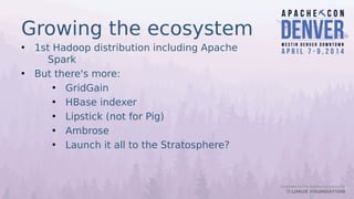 Growing the ecosystem
• 1st Hadoop distribution including Apache
Spark
• But there's more:
• GridGain
• HBase indexer
• Lipstick (not for Pig)
• Ambrose
• Launch it all to the Stratosphere?
 