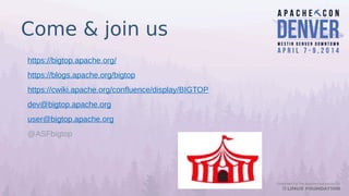 https://bigtop.apache.org/
https://blogs.apache.org/bigtop
https://cwiki.apache.org/confluence/display/BIGTOP
dev@bigtop.apache.org
user@bigtop.apache.org
@ASFbigtop
Come & join us
 