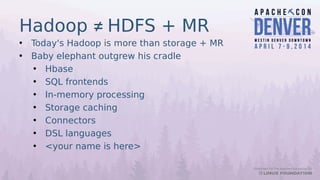 Hadoop ≠ HDFS + MR
• Today's Hadoop is more than storage + MR
• Baby elephant outgrew his cradle
• Hbase
• SQL frontends
• In-memory processing
• Storage caching
• Connectors
• DSL languages
• <your name is here>
 