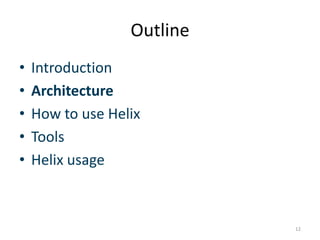 Outline	
  
•  IntroducGon	
  
•  Architecture	
  
•  How	
  to	
  use	
  Helix	
  
•  Tools	
  
•  Helix	
  usage	
  



                                          12	
  
 