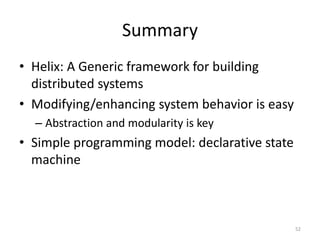 Summary	
  
•  Helix:	
  A	
  Generic	
  framework	
  for	
  building	
  
   distributed	
  systems	
  
•  Modifying/enhancing	
  system	
  behavior	
  is	
  easy	
  
   –  AbstracGon	
  and	
  modularity	
  is	
  key	
  
•  Simple	
  programming	
  model:	
  declaraGve	
  state	
  
   machine	
  



                                                             52	
  
 