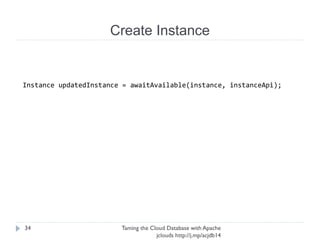 Create Instance
Taming the Cloud Database with Apache jclouds http://j.
mp/acjdb14
34
Instance updatedInstance = awaitAvailable(instance, instanceApi);
 