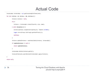 Actual Code
Taming the Cloud Database with Apache jclouds http://j.
mp/acjdb14
36
InstanceApi instanceApi = api.getInstanceApiForZone(zone);
for (int retries = 0; retries < 10; retries++) {
Instance instance = null;
try {
instance = instanceApi.create(flavorId, size, name);
} catch (Exception e) {
Uninterruptibles.sleepUninterruptibly(15, TimeUnit.SECONDS);
logger.error(Arrays.toString(e.getStackTrace()));
continue;
}
Instance updatedInstance = awaitAvailable(instance, instanceApi);
if (updatedInstance != null) {
return updatedInstance;
}
instanceApi.delete(instance.getId());
InstancePredicates.awaitDeleted(instanceApi).apply(instance);
}
return null;
 