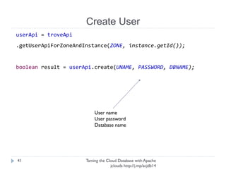 Java Project
Taming the Cloud Database with Apache jclouds http://j.
mp/acjdb14
41
Skeleton
Project
Create User
Create Instance
Initialize API
Create Database
Test Connection
Cleanup
 