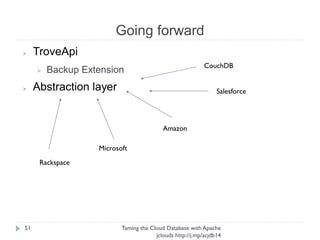 Going forward
Taming the Cloud Database with Apache jclouds http://j.
mp/acjdb14
51
➢ TroveApi
➢ Backup Extension
➢ Settings Extension
➢ Abstraction layer
 