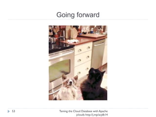 Going forward
Taming the Cloud Database with Apache jclouds http://j.
mp/acjdb14
53
➢ TroveApi
➢ Backup Extension
➢ Settings Extension
➢ Abstraction layer
Rackspac
e
Microsof
t
Amazo
n
CouchDB
Salesforc
e
 