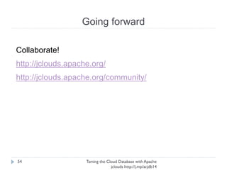 Going forward
Taming the Cloud Database with Apache jclouds http://j.
mp/acjdb14
54
 