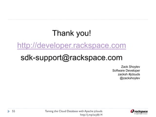 Going forward
Taming the Cloud Database with Apache jclouds http://j.
mp/acjdb14
55
Collaborate!
http://jclouds.apache.org/
http://jclouds.apache.org/community/
 