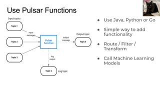 ● Use Java, Python or Go
● Simple way to add
functionality
● Route / Filter /
Transform
● Call Machine Learning
Models
Use Pulsar Functions
 