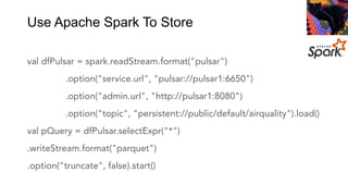 Use Apache Spark To Store
val dfPulsar = spark.readStream.format("pulsar")
.option("service.url", "pulsar://pulsar1:6650")
.option("admin.url", "http://pulsar1:8080")
.option("topic", "persistent://public/default/airquality").load()
val pQuery = dfPulsar.selectExpr("*")
.writeStream.format("parquet")
.option("truncate", false).start()
https://pulsar.apache.org/docs/en/adaptors-spark/
 