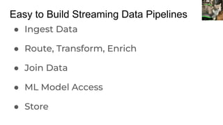 ● Ingest Data
● Route, Transform, Enrich
● Join Data
● ML Model Access
● Store
Easy to Build Streaming Data Pipelines
 