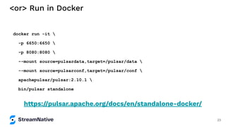 <or> Run in Docker
docker run -it 
-p 6650:6650 
-p 8080:8080 
--mount source=pulsardata,target=/pulsar/data 
--mount source=pulsarconf,target=/pulsar/conf 
apachepulsar/pulsar:2.10.1 
bin/pulsar standalone
https://pulsar.apache.org/docs/en/standalone-docker/
23
 