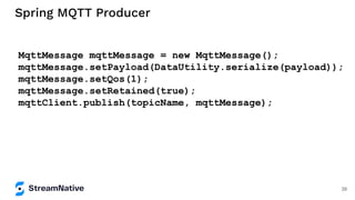 Spring MQTT Producer
MqttMessage mqttMessage = new MqttMessage();
mqttMessage.setPayload(DataUtility.serialize(payload));
mqttMessage.setQos(1);
mqttMessage.setRetained(true);
mqttClient.publish(topicName, mqttMessage);
39
 
