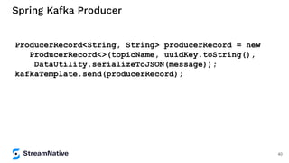 Spring Kafka Producer
ProducerRecord<String, String> producerRecord = new
ProducerRecord<>(topicName, uuidKey.toString(),
DataUtility.serializeToJSON(message));
kafkaTemplate.send(producerRecord);
40
 