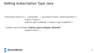Setting Subscription Type Java
Consumer<byte[]> consumer = pulsarClient.newConsumer()
.topic(topic)
.subscriptionName(“subscriptionName")
.subscriptionType(SubscriptionType.Shared)
.subscribe();
44
 
