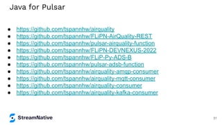 Java for Pulsar
● https://github.com/tspannhw/airquality
● https://github.com/tspannhw/FLiPN-AirQuality-REST
● https://github.com/tspannhw/pulsar-airquality-function
● https://github.com/tspannhw/FLiPN-DEVNEXUS-2022
● https://github.com/tspannhw/FLiP-Py-ADS-B
● https://github.com/tspannhw/pulsar-adsb-function
● https://github.com/tspannhw/airquality-amqp-consumer
● https://github.com/tspannhw/airquality-mqtt-consumer
● https://github.com/tspannhw/airquality-consumer
● https://github.com/tspannhw/airquality-kafka-consumer
51
 