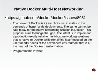 Native Docker Multi-Host Networking 
● https://github.com/docker/docker/issues/8951 
● The power of Docker is its simplici...