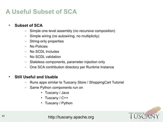 IBM Software Group
11
http://tuscany.apache.org
A Useful Subset of SCA
• Subset of SCA
– Simple one level assembly (no recursive composition)
– Simple wiring (no autowiring, no multiplicity)
– String-only properties
– No Policies
– No SCDL Includes
– No SCDL validation
– Stateless components, parameter injection only
– One SCA contribution directory per Runtime Instance
• Still Useful and Usable
– Runs apps similar to Tuscany Store / ShoppingCart Tutorial
– Same Python components run on
• Tuscany / Java
• Tuscany / C++
• Tuscany / Python
 