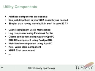 IBM Software Group
16
http://tuscany.apache.org
Utility Components
• All these components are optional
• You just drop them in your SCA assembly as needed
• Simpler than having more built-in stuff in core SCA?
• Cache component using Memcached
• Log component using Facebook Scribe
• Queue component using Apache Qpid/C
• SQL DB component using PostgreSQL
• Web Service component using Axis2/C
• Key / value store component
• XMPP Chat component
• ...
 