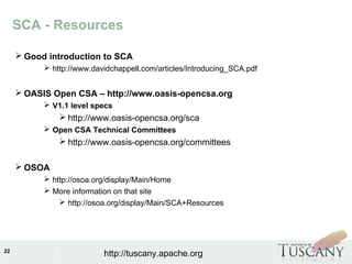 IBM Software Group
22
http://tuscany.apache.org
SCA - Resources
 Good introduction to SCA
 http://www.davidchappell.com/articles/Introducing_SCA.pdf
 OASIS Open CSA – http://www.oasis-opencsa.org
 V1.1 level specs
 http://www.oasis-opencsa.org/sca
 Open CSA Technical Committees
 http://www.oasis-opencsa.org/committees
 OSOA
 http://osoa.org/display/Main/Home
 More information on that site
 http://osoa.org/display/Main/SCA+Resources
 