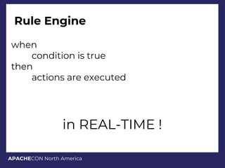 APACHECON North America
Rule Engine
when
condition is true
then
actions are executed
in REAL-TIME !
 