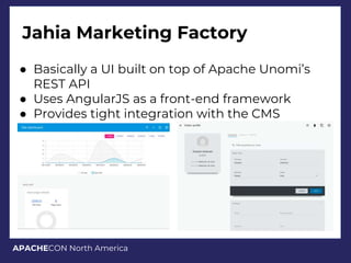 APACHECON North America
Jahia Marketing Factory
● Basically a UI built on top of Apache Unomi’s
REST API
● Uses AngularJS as a front-end framework
● Provides tight integration with the CMS
 