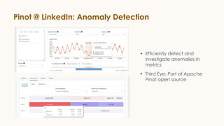 Pinot @ LinkedIn: Anomaly Detection
• Efficiently detect and
investigate anomalies in
metrics
• Third Eye: Part of Apache
Pinot open source
 