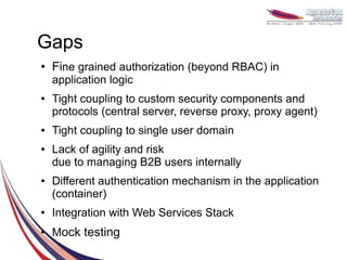 Gaps
●   Fine grained authorization (beyond RBAC) in
    application logic
●   Tight coupling to custom security components and
    protocols (central server, reverse proxy, proxy agent)
●   Tight coupling to single user domain
●   Lack of agility and risk
    due to managing B2B users internally
●   Different authentication mechanism in the application
    (container)
●   Integration with Web Services Stack
●
    Mock testing
 