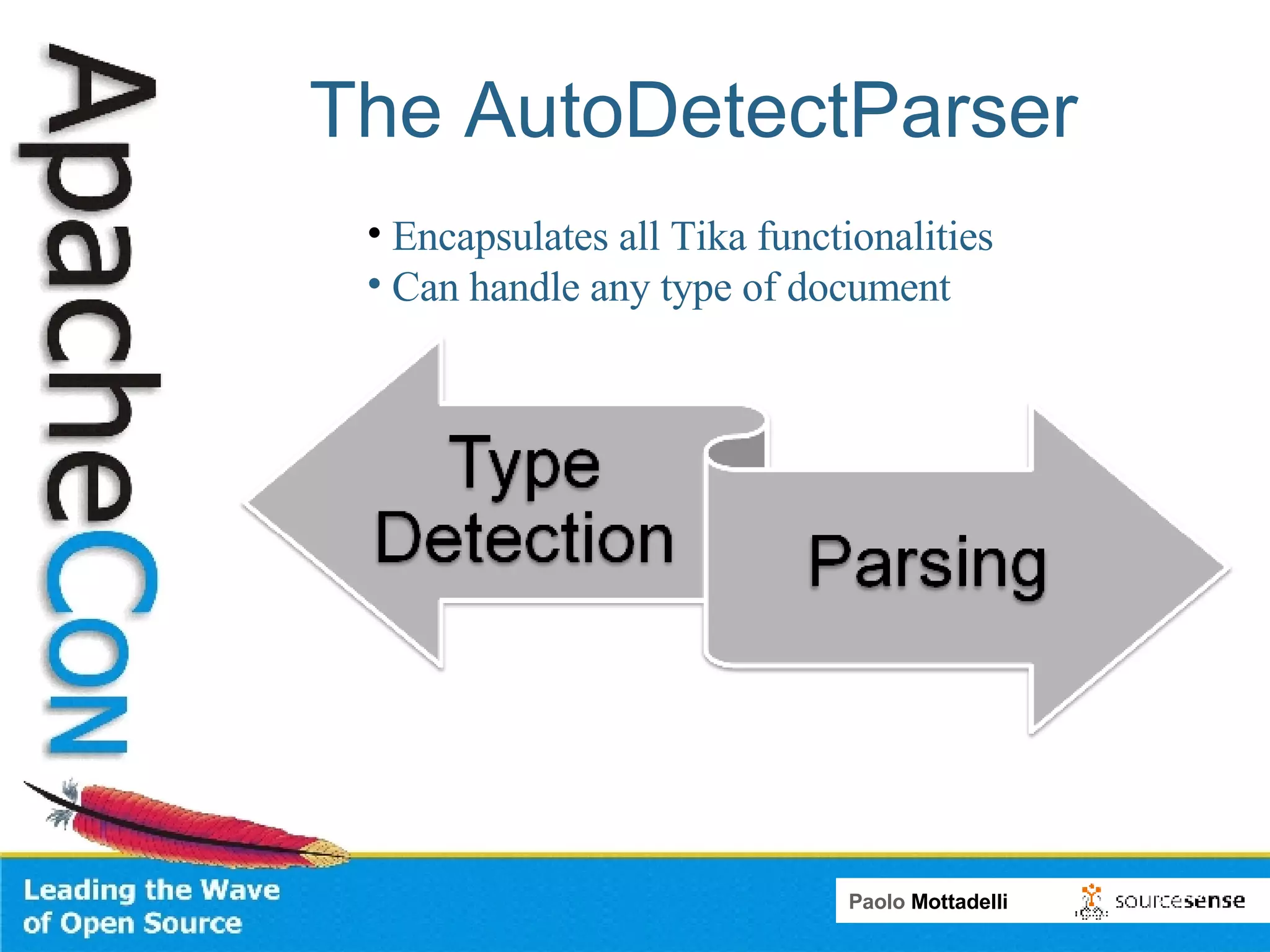 The AutoDetectParser Encapsulates all Tika functionalities Can handle any type of document 