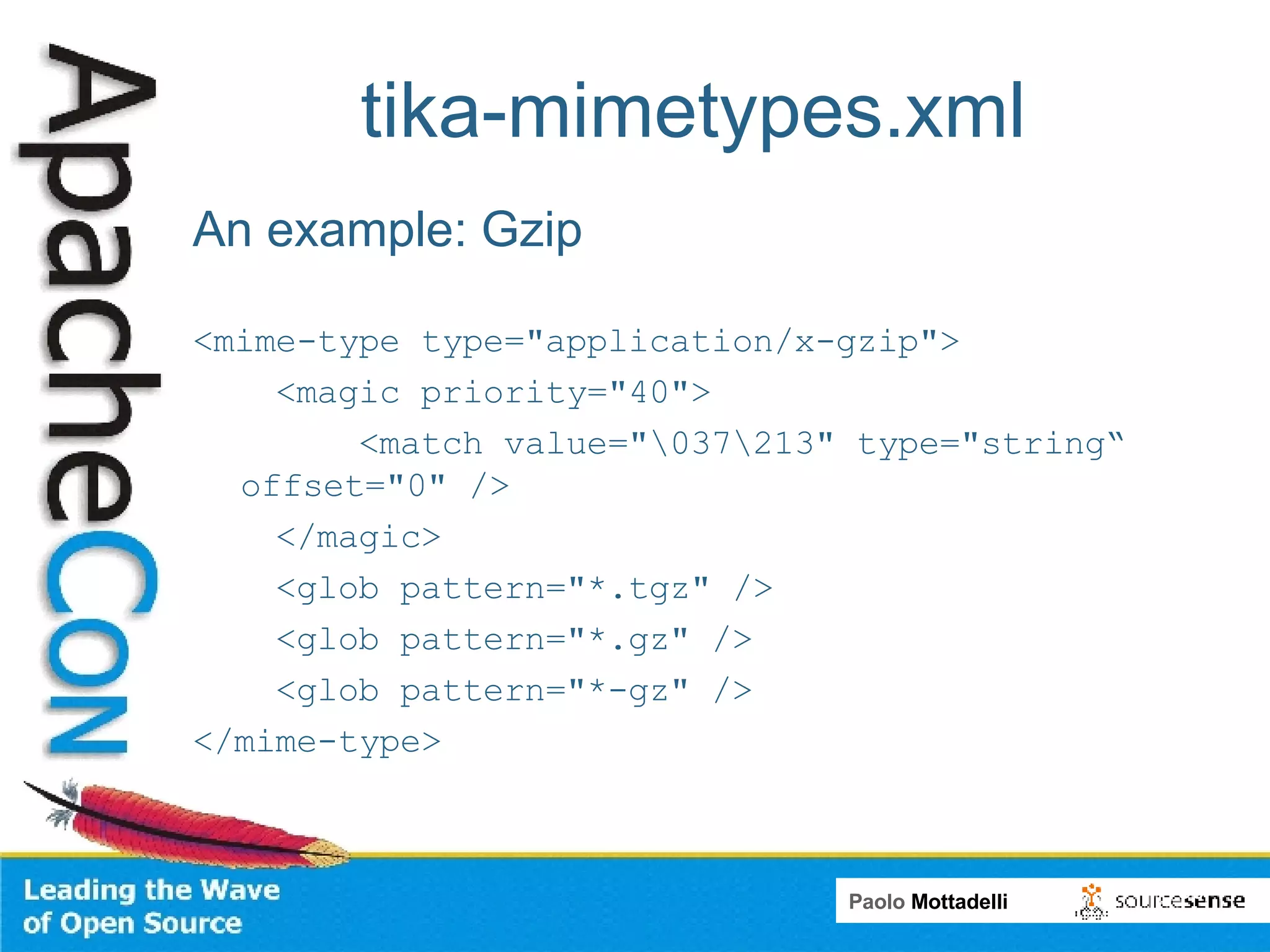 tika-mimetypes.xml An example: Gzip <mime-type type=&quot;application/x-gzip&quot;> <magic priority=&quot;40&quot;> <match value=&quot;\037\213&quot; type=&quot;string“ offset=&quot;0&quot; /> </magic> <glob pattern=&quot;*.tgz&quot; /> <glob pattern=&quot;*.gz&quot; /> <glob pattern=&quot;*-gz&quot; /> </mime-type> 