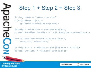 Step 1 + Step 2 + Step 3 String name = “resource.doc” InputStream input =  getResourceAsStream(name);  Metadata metadata =...