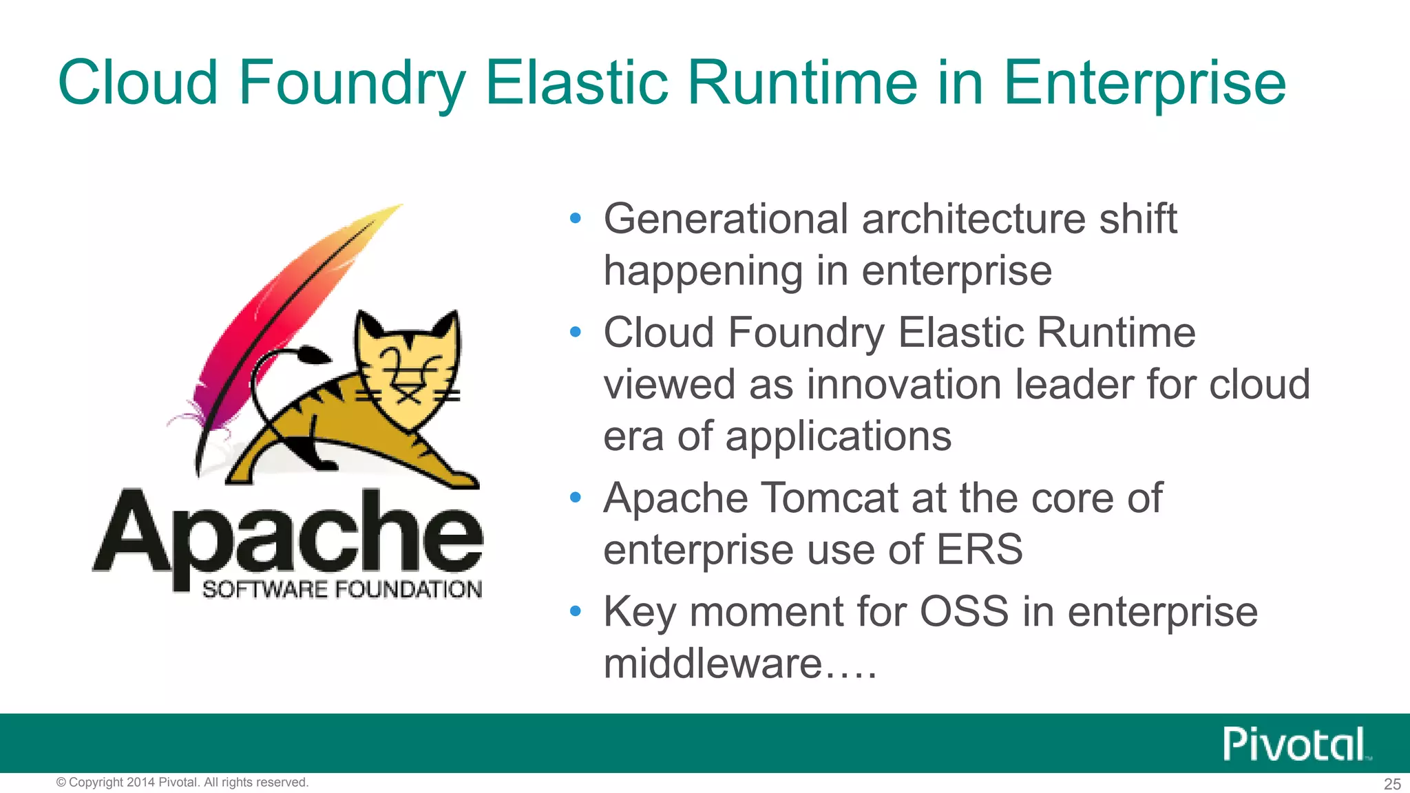 25© Copyright 2014 Pivotal. All rights reserved.
A Cloud Consumption Platform for OSS
CF-ERS
(Apache
Tomcat,
Node, Ruby,
Docker..)
Apache
Hadoop
Jenkins
Service
Google
Redis
Cloud Foundry BOSH
Apache
Cassan-
dra
Cloudstack EC2Openstack
Multi-Cloud Declarative
Service Deployment,
Operations
Elastic managed runtime
service integrated into
leading data services; all
scaled and managed by
CF BOSH
What’s
Next?
 