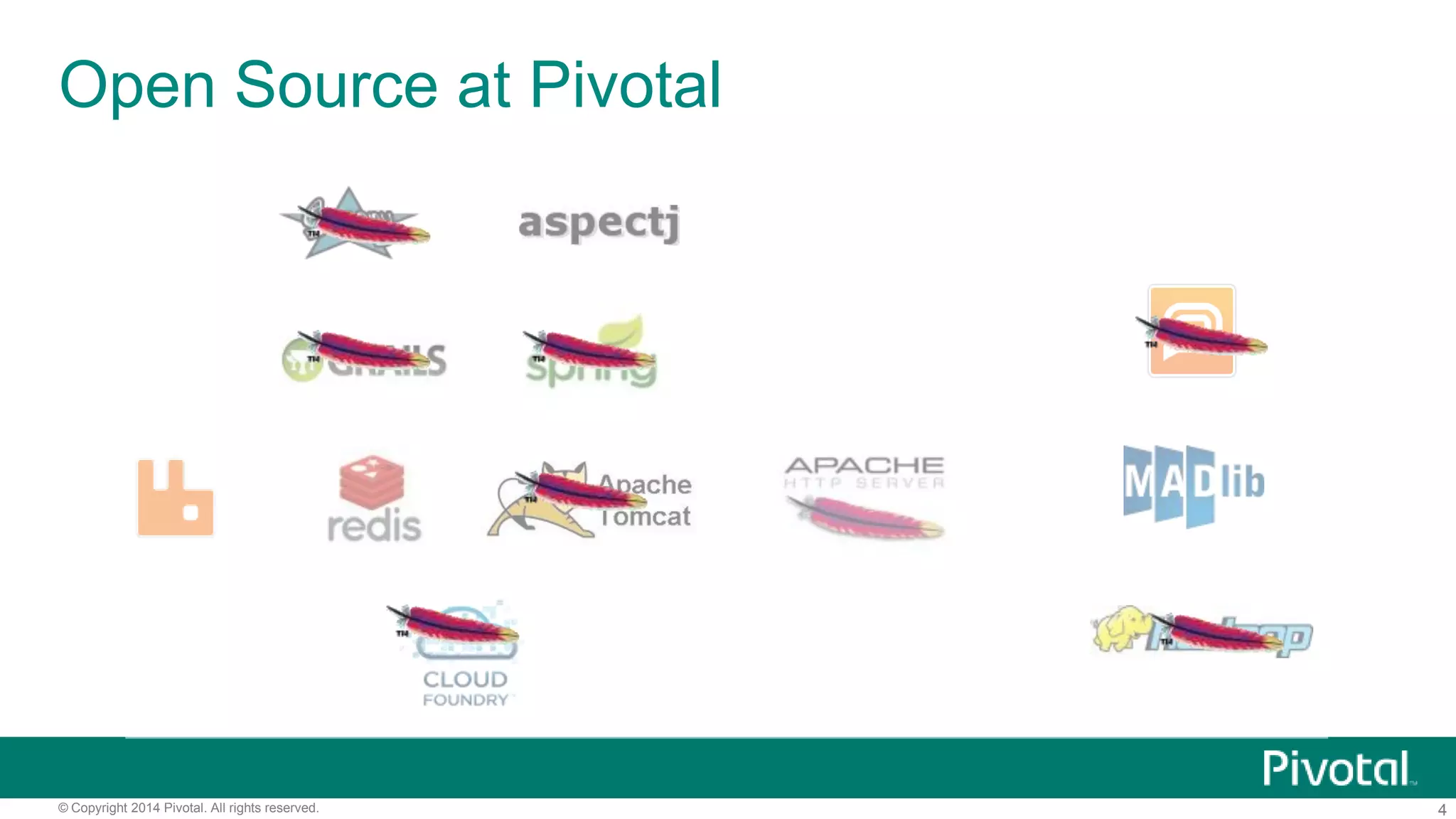 4© Copyright 2014 Pivotal. All rights reserved.
Personal History: Lessons Learned in OSS
Timing 10 years too late, reactive
Business Motivation Protect/revive an existing business in decline
License Corporate created
Self Interest ―Open Solaris Exists for our interests―—SVP
Collaboration 980 Sun Engineers
Outcome Acquired by Oracle, shuttered
 