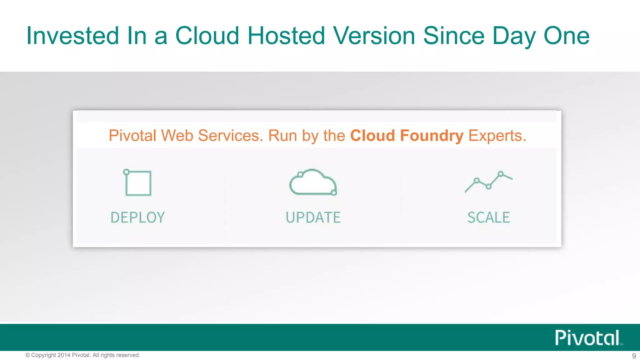 9© Copyright 2014 Pivotal. All rights reserved.
Invested In a Cloud Hosted Version Since Day One
Pivotal Web Services. Run by the Cloud Foundry Experts.
 