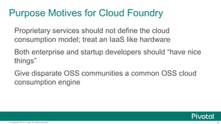21© Copyright 2014 Pivotal. All rights reserved.
Collaboration Models for Strategic OSS
Dedicated
Foundation
Shared
Foundation
GitHub
 
