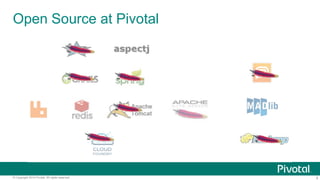 4© Copyright 2014 Pivotal. All rights reserved.
Personal History: Lessons Learned in OSS
Timing 10 years too late, reactive
Business Motivation Protect/revive an existing business in decline
License Corporate created
Self Interest ―Open Solaris Exists for our interests―—SVP
Collaboration 980 Sun Engineers
Outcome Acquired by Oracle, shuttered
 