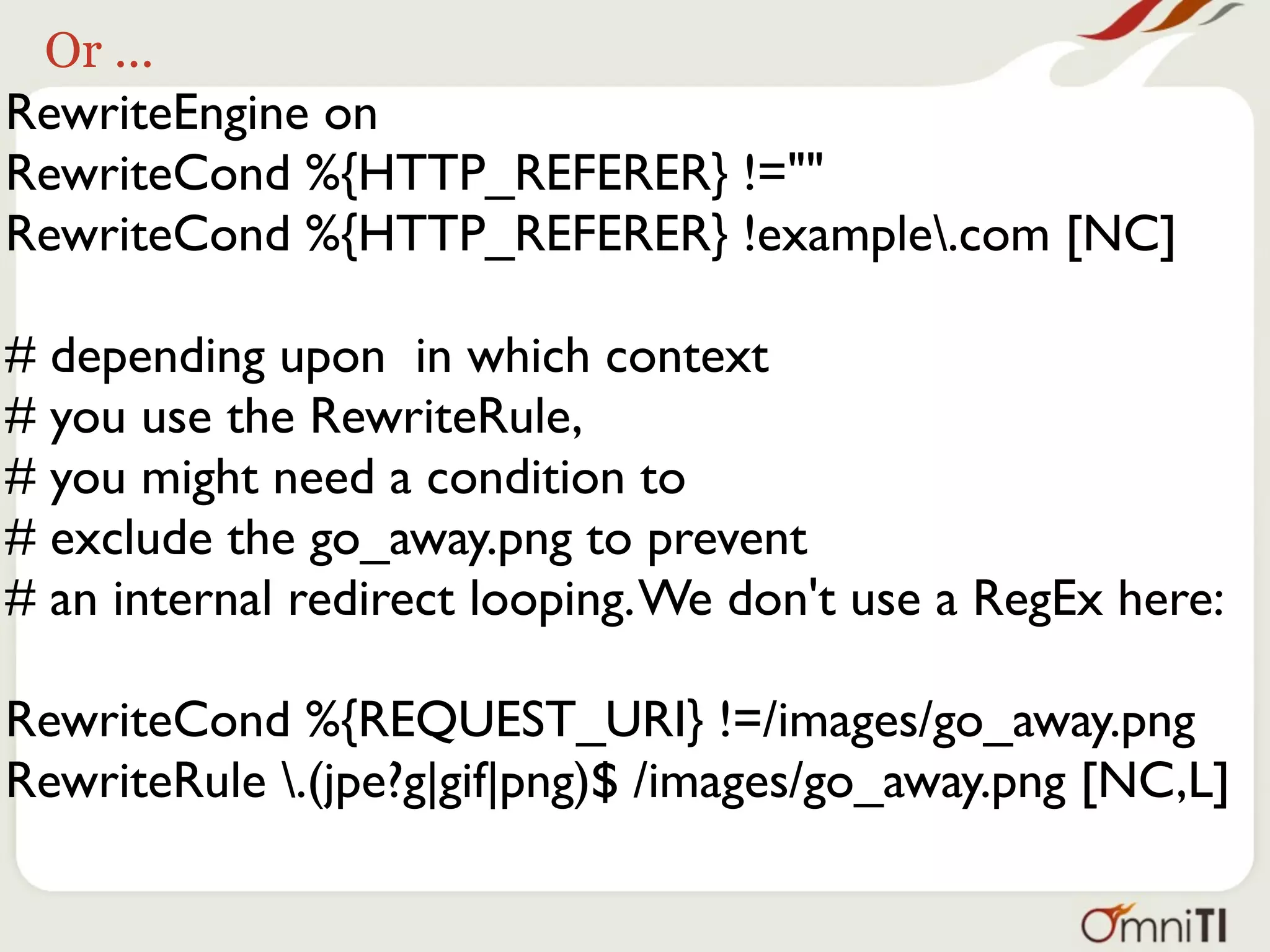 Or ...
RewriteEngine on
RewriteCond %{HTTP_REFERER} !=""
RewriteCond %{HTTP_REFERER} !example.com [NC]

# depending upon in which context
# you use the RewriteRule,
# you might need a condition to
# exclude the go_away.png to prevent
# an internal redirect looping. We don't use a RegEx here:

RewriteCond %{REQUEST_URI} !=/images/go_away.png
RewriteRule .(jpe?g|gif|png)$ /images/go_away.png [NC,L]
 
