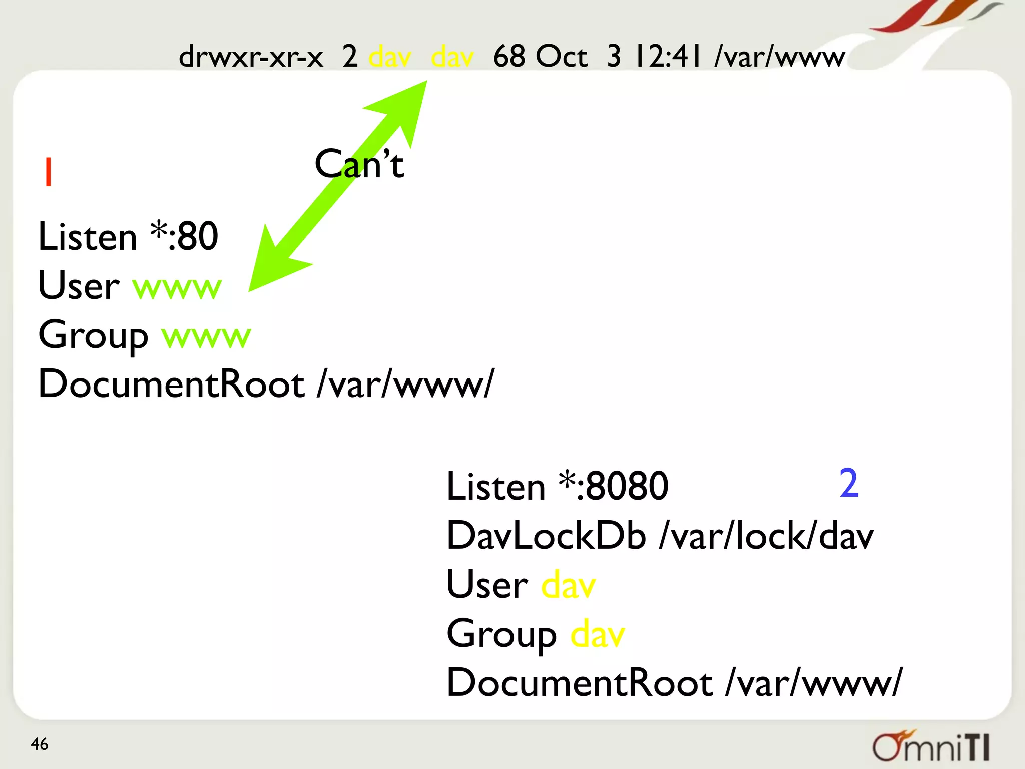 drwxr-xr-x 2 dav dav 68 Oct 3 12:41 /var/www


1             Can’t
Listen *:80
User www
Group www
DocumentRoot /var/www/

                       Listen *:8080        2
                       DavLockDb /var/lock/dav
                       User dav
                       Group dav
                       DocumentRoot /var/www/
46
 