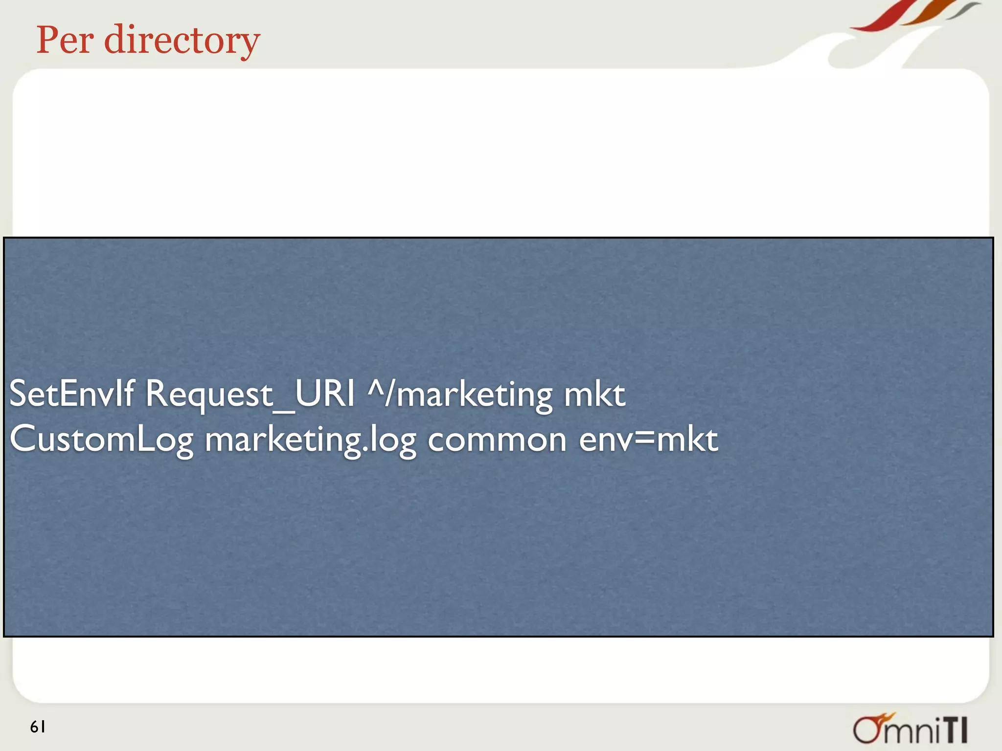 PCRE Zero-width assertions



   • Match everything except one thing
   • While you can do this with
     RewriteRule, it would be nice if you
     could do it with other directives
     DirectoryMatch
     FilesMatch
     RedirectMatch
 