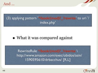 Matched?

      (3) applying pattern '^/book/(mod)?_?rewrite' to uri '/
                             index.php'


          • If it matched, the next line will be
             the action log

             RewriteRule ^/book/(mod)?_?rewrite 
            http://www.amazon.com/exec/obidos/asin/
                  1590595610/drbacchus/ [R,L]

105
 