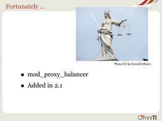 Fortunately ...




                            Photo CC by Camo53 (ﬂickr)



     • mod_proxy_balancer
     • Added in 2.1
 