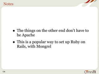 Notes




      • The things on the other end don’t have to
         be Apache
      • This is a popular way to set up Ruby on
         Rails, with Mongrel




126
 