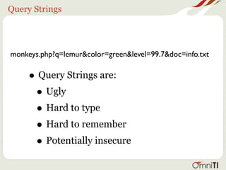 Query Strings




monkeys.php?q=lemur&color=green&level=99.7&doc=info.txt

     • Query Strings are:
      • Ugly
      • Hard to type
      • Hard to remember
      • Potentially insecure
 