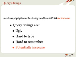 Query Strings




monkeys.php?q=lemur&color=green&level=99.7&doc=info.txt


     • Query Strings are:
      • Ugly
      • Hard to type
      • Hard to remember
      • Potentially insecure
 