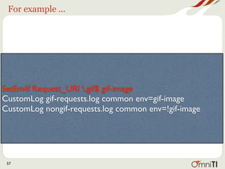 For example ...




SetEnvIf Request_URI .gif$ gif-image
CustomLog gif-requests.log common env=gif-image
CustomLog nongif-requests.log common env=!gif-image




 57
 
