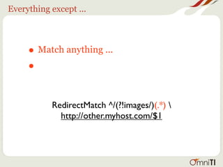 Everything except ...



     • Match anything ...
     • That doesn’t start with images/

           RedirectMatch ^/(?!images/)(.*) 
             http://other.myhost.com/$1
 