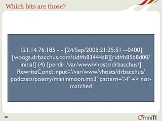 Client address




        121.14.76.185 - - [24/Sep/2008:21:35:51 --0400]
     [wooga.drbacchus.com/sid#b83444a8][rid#b85b8d00/
        initial] (4) [perdir /var/www/vhosts/drbacchus/]
       RewriteCond: input='/var/www/vhosts/drbacchus/
     podcasts/poetry/maninmoon.mp3' pattern='!-f' => not-
                               matched



80
 